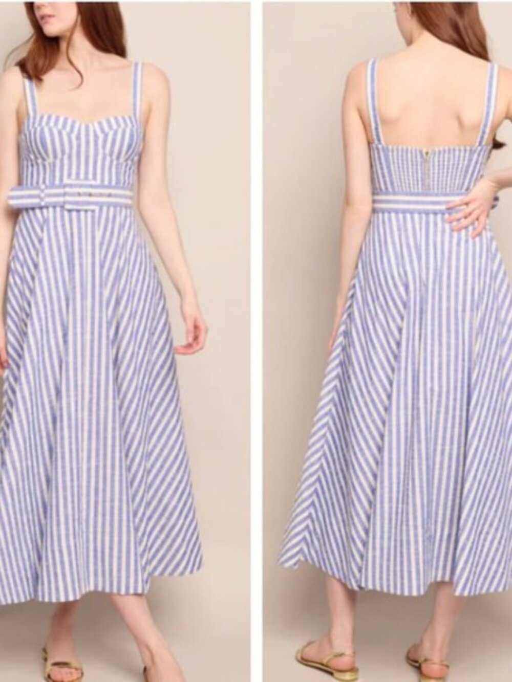 BEST Cara Cara Calypso Midi Dress Ivory Blue Striped Seersucker Party Vacation